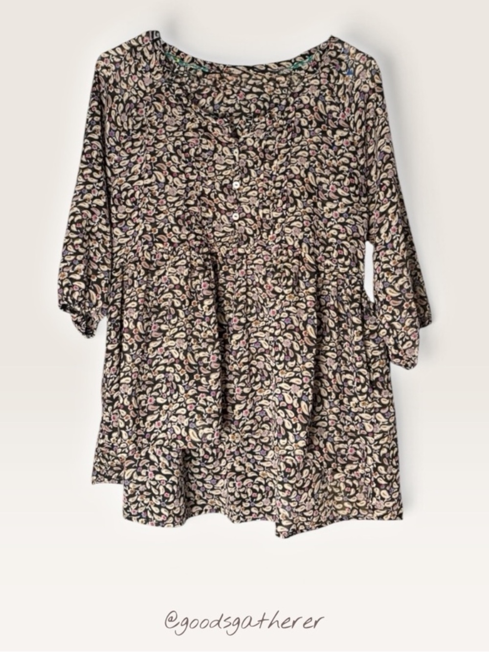 Antilia Femme Paisley Floral Tunic Blouse M Boho Pintuck Button Front
